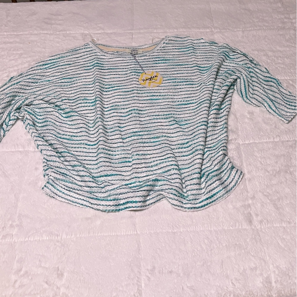 Hayden White and Teal Striped Scoop Neck Sweater